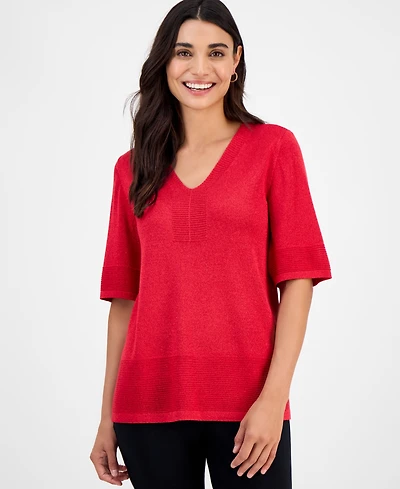 Jm Collection Petite Textured-Knit V-Neck Short-Sleeve Sweater, Exclusively at Macy's