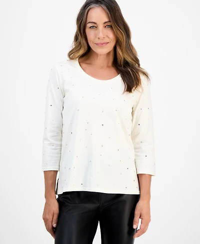 Jm Collection Petite Cotton Scoop-Neck Rhinestone 3/4-Sleeve Top, Macy's Exclusive