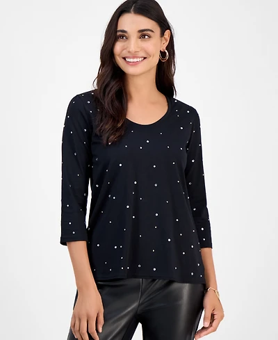 Jm Collection Petite Cotton Scoop-Neck Rhinestone 3/4-Sleeve Top, Macy's Exclusive