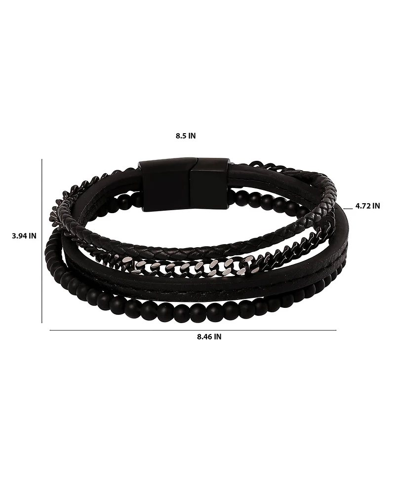 Lucky Brand Mens All Black Beaded & Leather Layered Bracelet with Magnetic Clasp