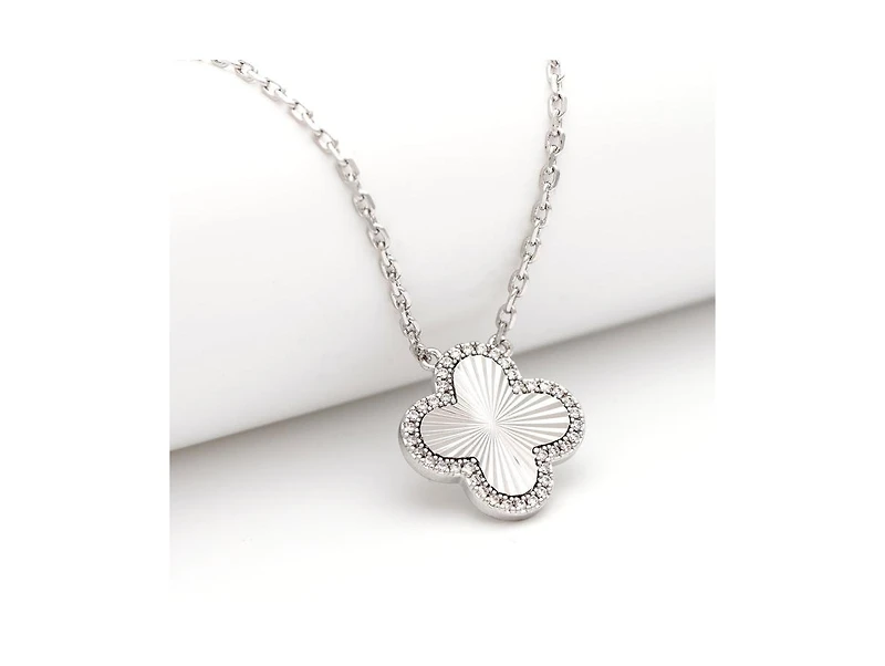 Rhodium Plated Flower Solitaire Pendant with Cz Surround