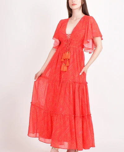 Raas Women's Red Tiered Maxi Dress