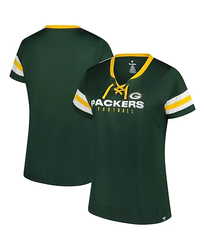 Fanatics Women's Green Bay Packers Plus Rhinestone Redzone Athena Lace-Up Notch Neck T-Shirt