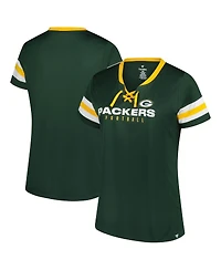 Fanatics Women's Green Bay Packers Plus Rhinestone Redzone Athena Lace-Up Notch Neck T-Shirt
