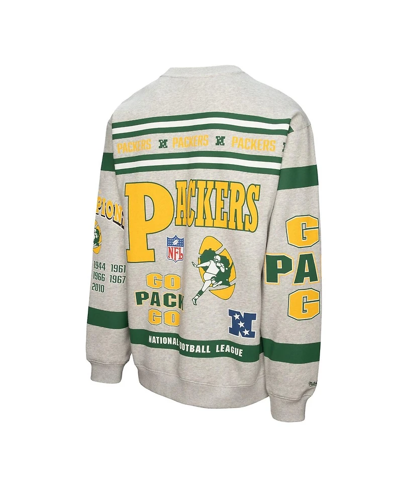Mitchell & Ness Men's Heather Gray Green Bay Packers All Over Print Fleece Crewneck Sweatshirt