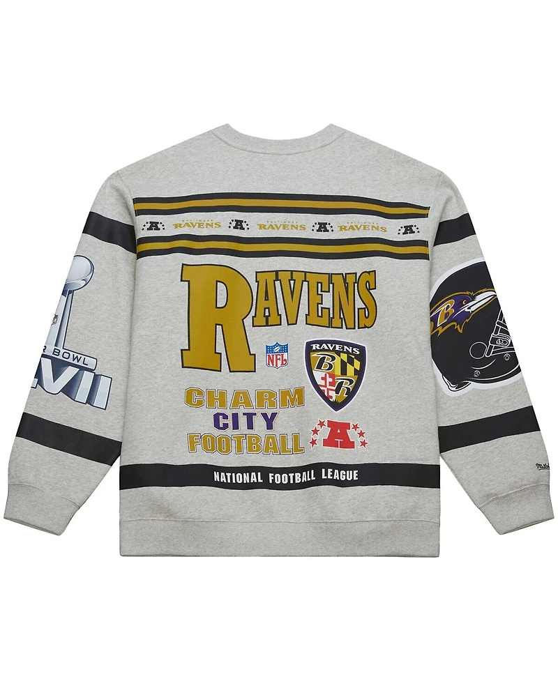 Mitchell & Ness Men's Heather Gray Baltimore Ravens All Over Print Fleece Crewneck Sweatshirt
