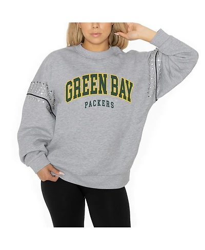 Gameday Couture Women's Ash Green Bay Packers Rhinestone Drop Shoulder Oversized Fleece Pullover Sweatshirt