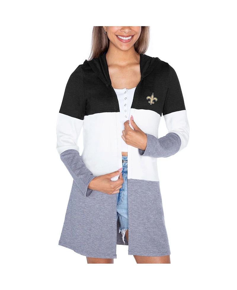 Gameday Couture Women's Black New Orleans Saints Tri-Blend Color Block Lightweight Cardigan Hoodie