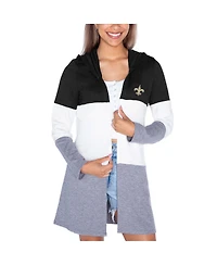 Gameday Couture Women's Black New Orleans Saints Tri-Blend Color Block Lightweight Cardigan Hoodie