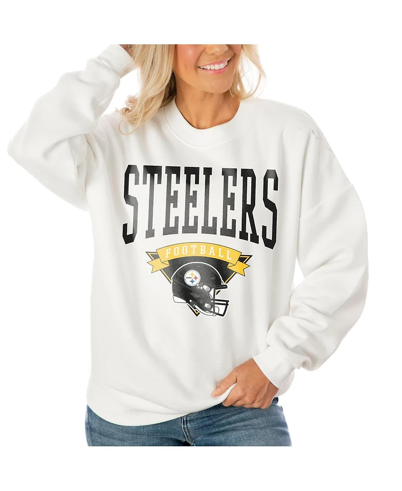 Gameday Couture Women's White Pittsburgh Steelers Oversized Yard Line Tri-Blend Pullover Sweatshirt