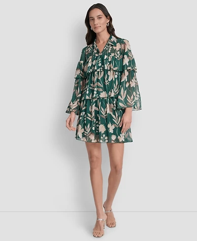 Dkny Women's Long Sleeve Tiered Ruffle Dress