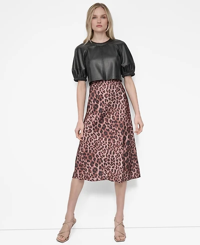 Dkny Women's Short Sleeve Jewel Neck Mixed Media Midi Dress