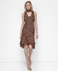 Dkny Women's Sleeveless Scarf Neck Ruffle Dress