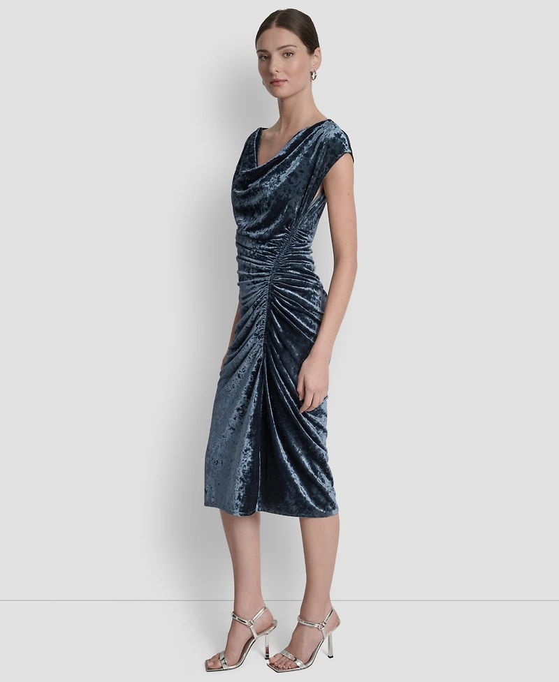 Dkny Women's Cap Sleeve Ruched Velvet Midi Dress