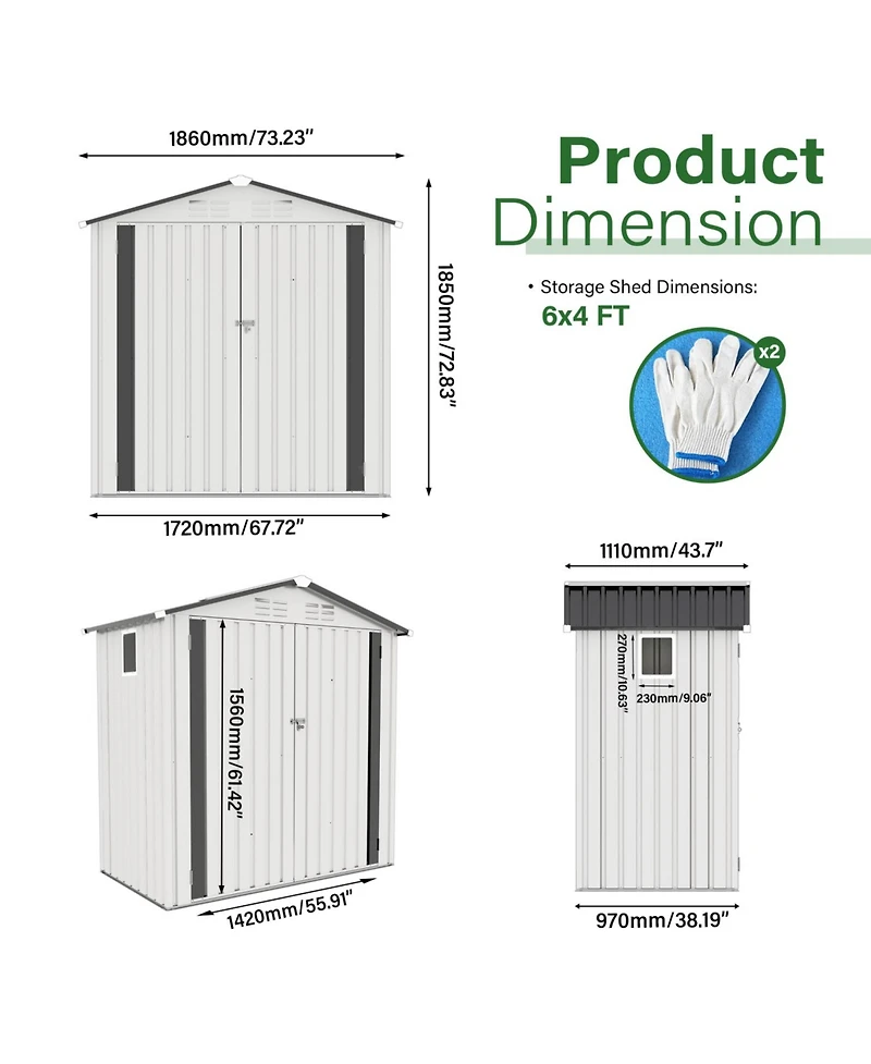 Streamdale Furniture 6x3.5ft Metal Storage Shed Window Lockable Door - White/Gray