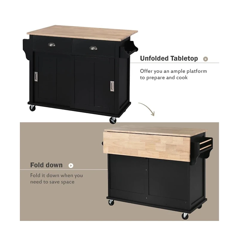 Maison Boucle 52" Rolling Kitchen Island with Drop Leaf, Sliding Barn Door & Adjustable Storage, Mobile Cart Towel Spice Rack-Maison