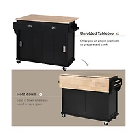 Maison Boucle 52" Rolling Kitchen Island with Drop Leaf, Sliding Barn Door & Adjustable Storage, Mobile Cart Towel Spice Rack-Maison