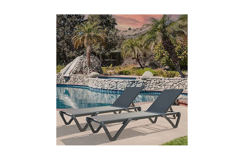 Clihome Patio Chaise Lounge Outdoor Aluminum Polypropylene Chair Set of 2,Woven Stackable Gray Aluminum Frame Stationary Chaise Lounge Chair with Gray