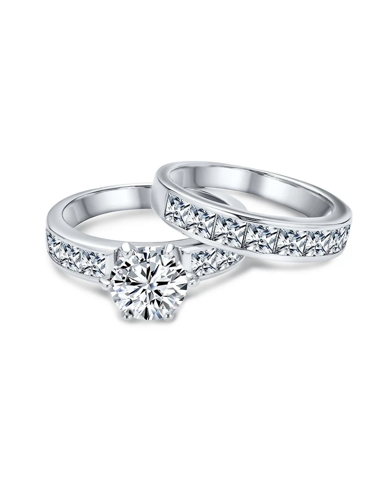 Bling Jewelry 3CT Classic Round Solitaire Cubic Zirconia With Cz Side Stone Princess Cut Band Promise Ring Set Sterling Silver