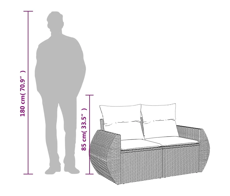 Garden Sofa Black Pe rattan 2-seater Adjustable Feet