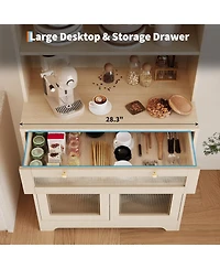 gaomon Kitchen Pantry Cabinet, 62 Inch Freestanding Hutch Cupboard with Large Countertop, Glass Doors, Drawer and Adjustable Shelves, Microwave Cabine