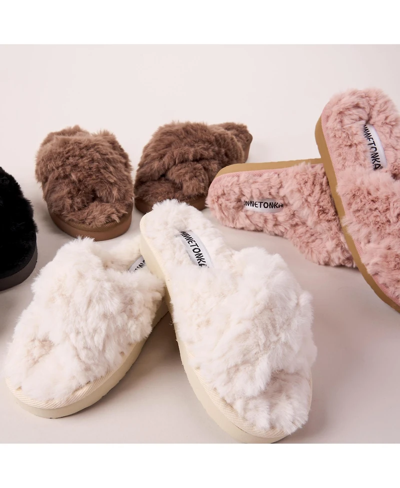 Minnetonka Women's Teddy Crossband Faux Fur Slippers