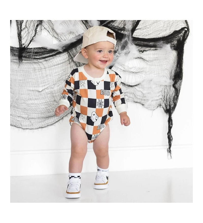 Sweet Wink Baby Boys Boo Checkered Halloween Long Sleeve Romper