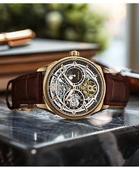 Stuhrling Vanguard 1019.03 Legacy Collection Dual Time Automatic Skeleton Watch 42mm Rose Gold Tone Brown Dial Leather Strap
