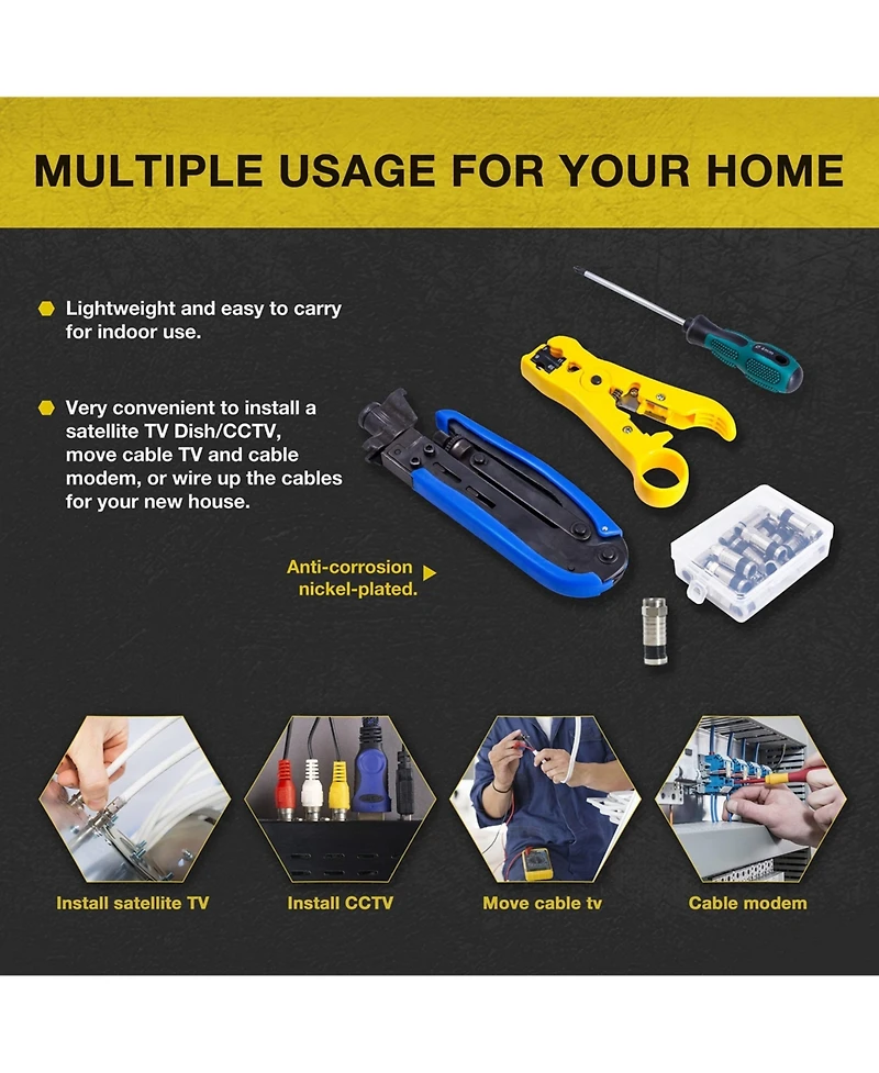 Kotto Coax Cable Crimper Kit with Compression Tool Stripper and Connectors