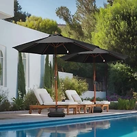 Yescom 9ft Solid Wood Outdoor Patio Umbrella with Base Included Parasol Wheels Stand for Bistro Market Garden Deck Yard Poolside