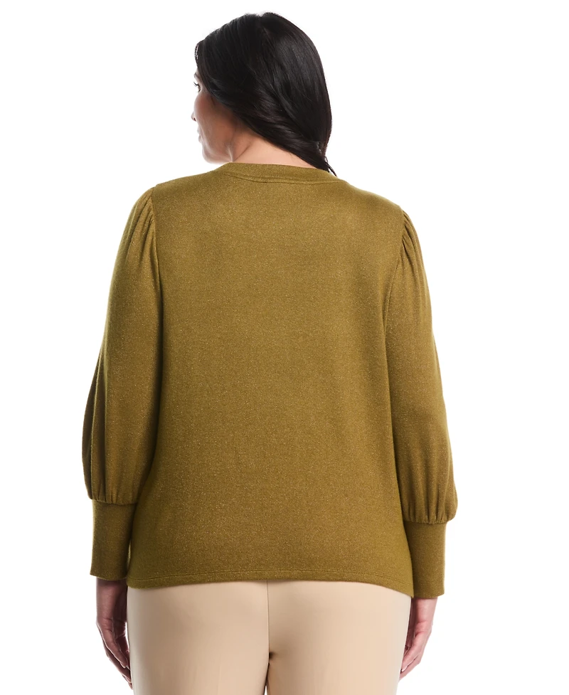 Rafaella Plus Metallic Puff Long Sleeve Crew Neck Top