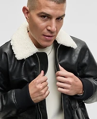 Mode of One Men's Relaxed-Fit Faux-Sherpa-Collar Faux-Leather Bomber Jacket, Macy's Exclusive