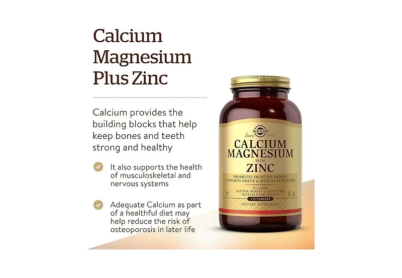 Solgar Calcium Magnesium Plus Zinc Tablets, 250 Tabs