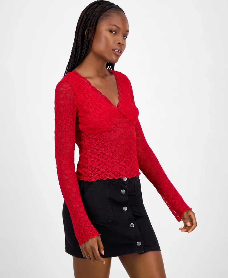 Madden Girl Juniors' Lace Long-Sleeve Top