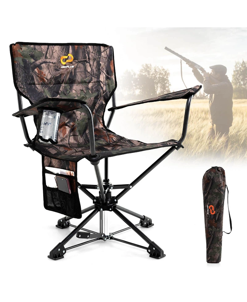 Costway 360° Swivel Hunting Chair with Mesh Cup Holder & Storage Pockets Cozy Backrest