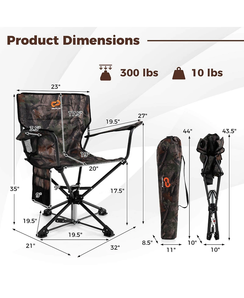 Costway 360° Swivel Hunting Chair with Mesh Cup Holder & Storage Pockets Cozy Backrest
