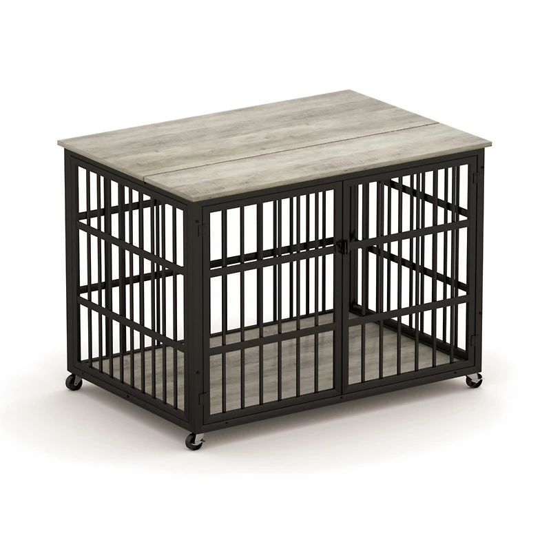 Aostirmotor 43.3 in. W x 29.9 in. D x 33.5 in. H dog crate wrought iron frame door with side openings in Gray