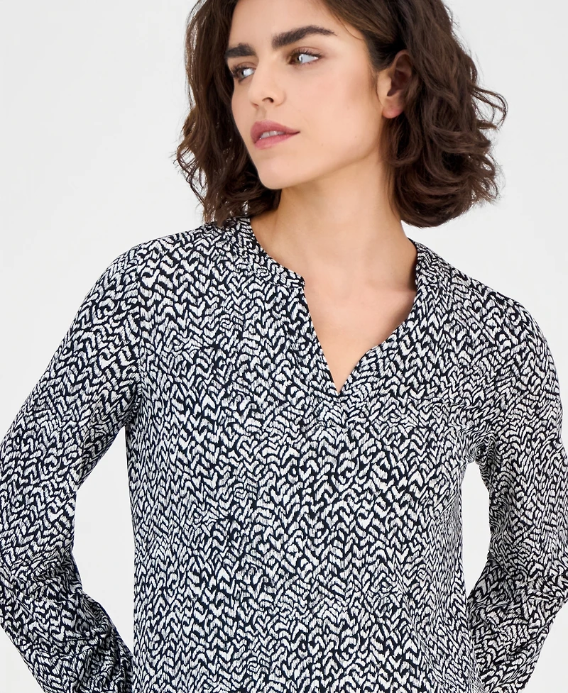 Ak Anne Klein Women's Printed Split-Neck Long-Sleeve Top