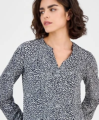 Ak Anne Klein Women's Printed Split-Neck Long-Sleeve Top