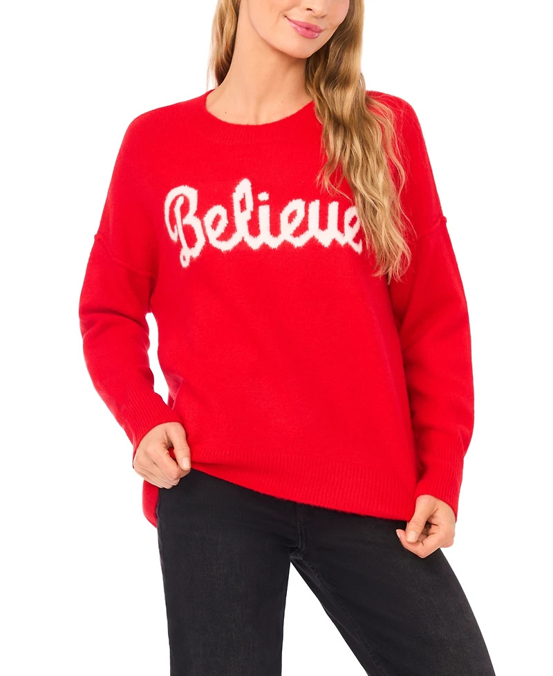 CeCe Women's Believe Script Long-Sleeve Cozy Sweater