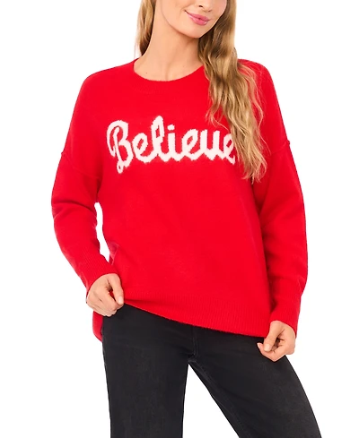 CeCe Women's Believe Script Long-Sleeve Cozy Sweater