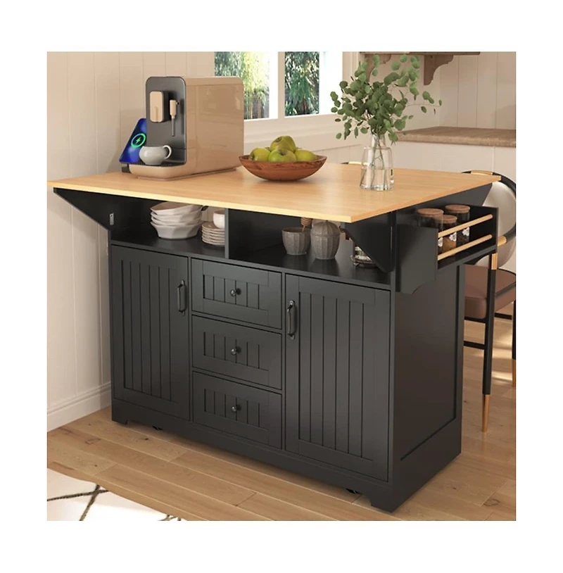 55.7" Rolling Kitchen Island with Dual Drop Leaves, Power Outlet, Storage Drawers & Cabinets-Maison Boucle