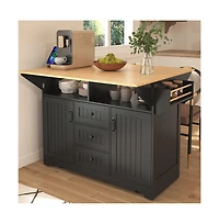 55.7" Rolling Kitchen Island with Dual Drop Leaves, Power Outlet, Storage Drawers & Cabinets-Maison Boucle