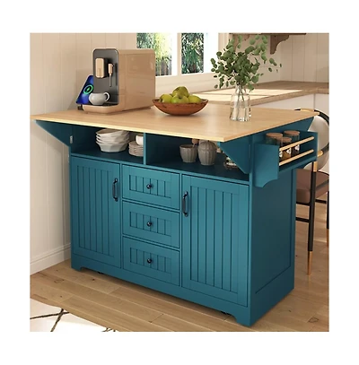 55.7" Rolling Kitchen Island with Dual Drop Leaves, Power Outlet, Storage Drawers & Cabinets-Maison Boucle