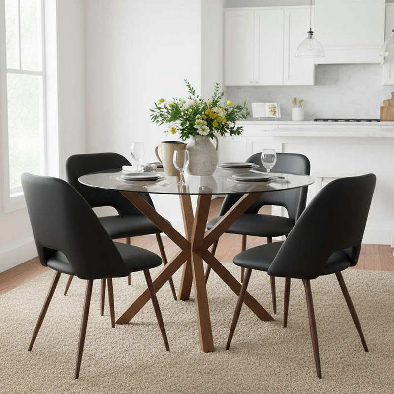 Maison Boucle Elegant 5-Piece Dining Set: 39.4-Inch Round Glass Table with 4 Chic Chairs for Modern Spaces-Maison