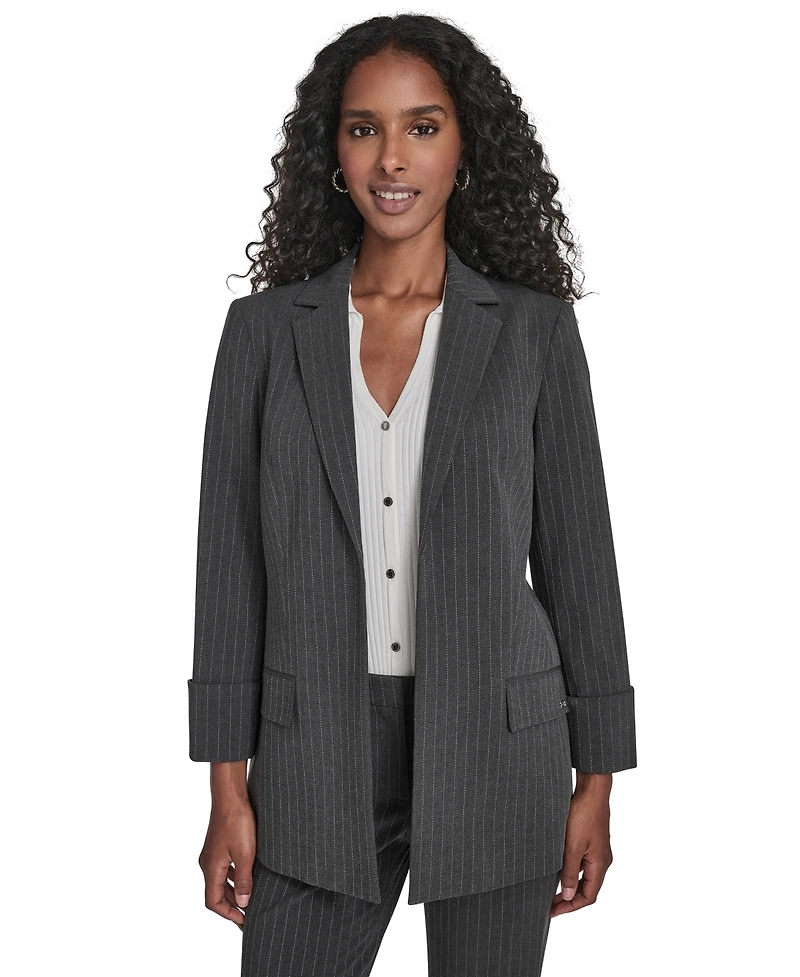 Calvin Klein Petite Pinstripe Pattern Rollback Cuff Open Front Jacket
