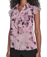 Calvin Klein Petite Printed Short Sleeve Ruffle Front Blouse