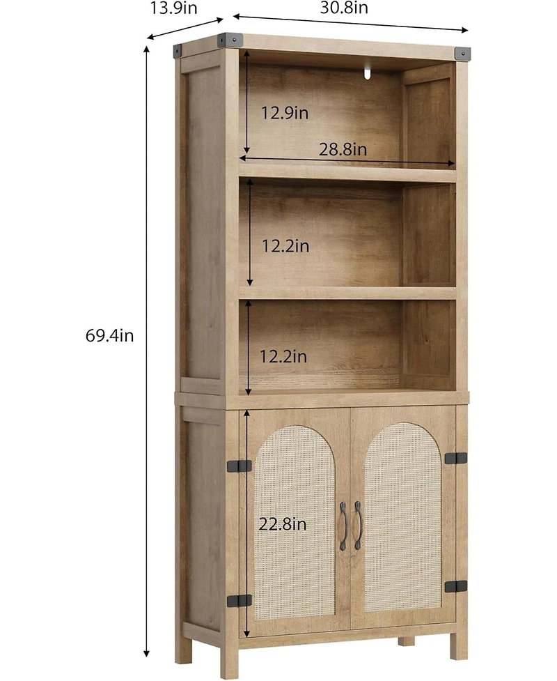 Farmhouse Bookshelves with Rattan Doors, 70" Tall Cutlery Shelves with Three Tiers of Open Storage, Floor Standing Display Shelves, Bookcases for Home