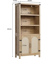 Farmhouse Bookshelves with Rattan Doors, 70" Tall Cutlery Shelves with Three Tiers of Open Storage, Floor Standing Display Shelves, Bookcases for Home