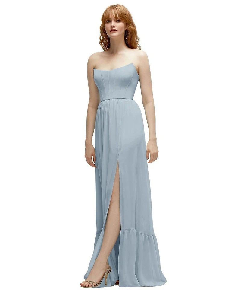 Dessy Collection Strapless Cat-Eye Corset Maxi Dress with Ruffle Hem A-Line Skirt